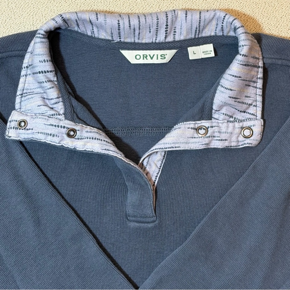 Orvis Women's Large Signature Print Trim Sweatshirt 1/4 Snap Soft Knit Pullover